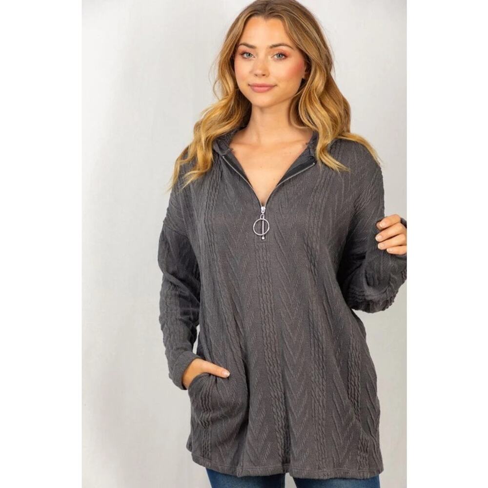 White‎ Birch Quarter Zip Hoodie Women Medium Gray EUC Textured Cable Knit Tunic